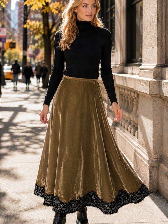 House of Harlow 1960 Dresses & Skirts - HOUSE OF HARLOW Quiet Luxury Bronze Crushed Velvet Longline Lace Trim Skirt, L